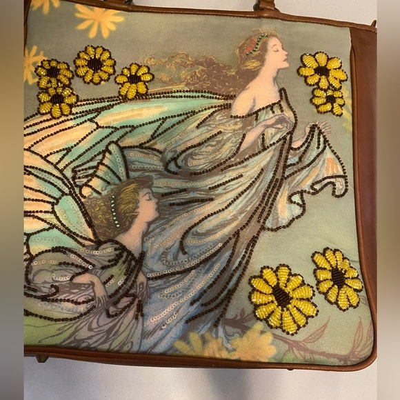 LIKE NEW Isabella Fiore Artistic Rare Design Brown and Yellow Beaded Tote - Picture 7 of 10